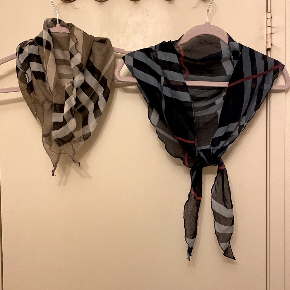 Two Semi-Sheer Designer Inspired Plaid Pattern Triangle Scarves in Tan and Blue - Picture 3 of 5